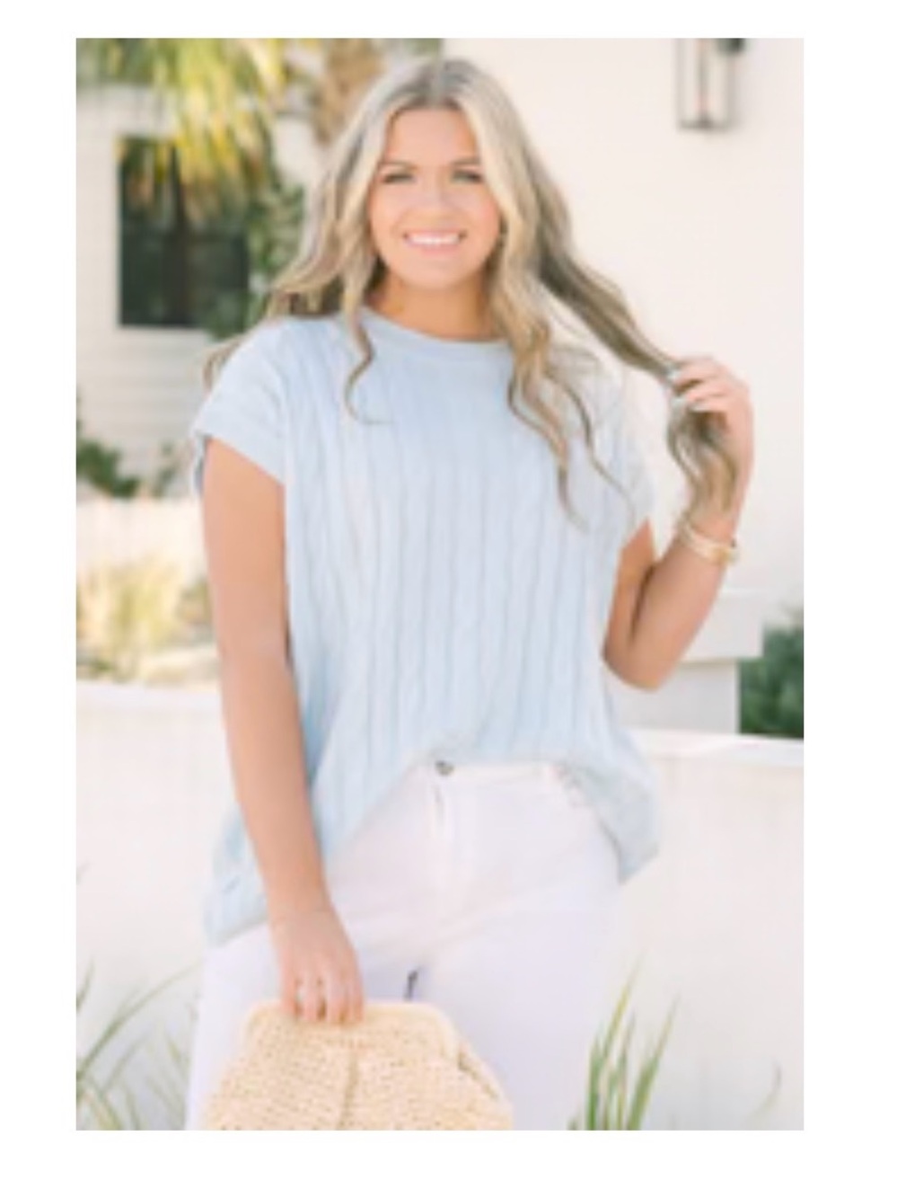 Light Blue Cable Knit Short Sleeve Top - Women